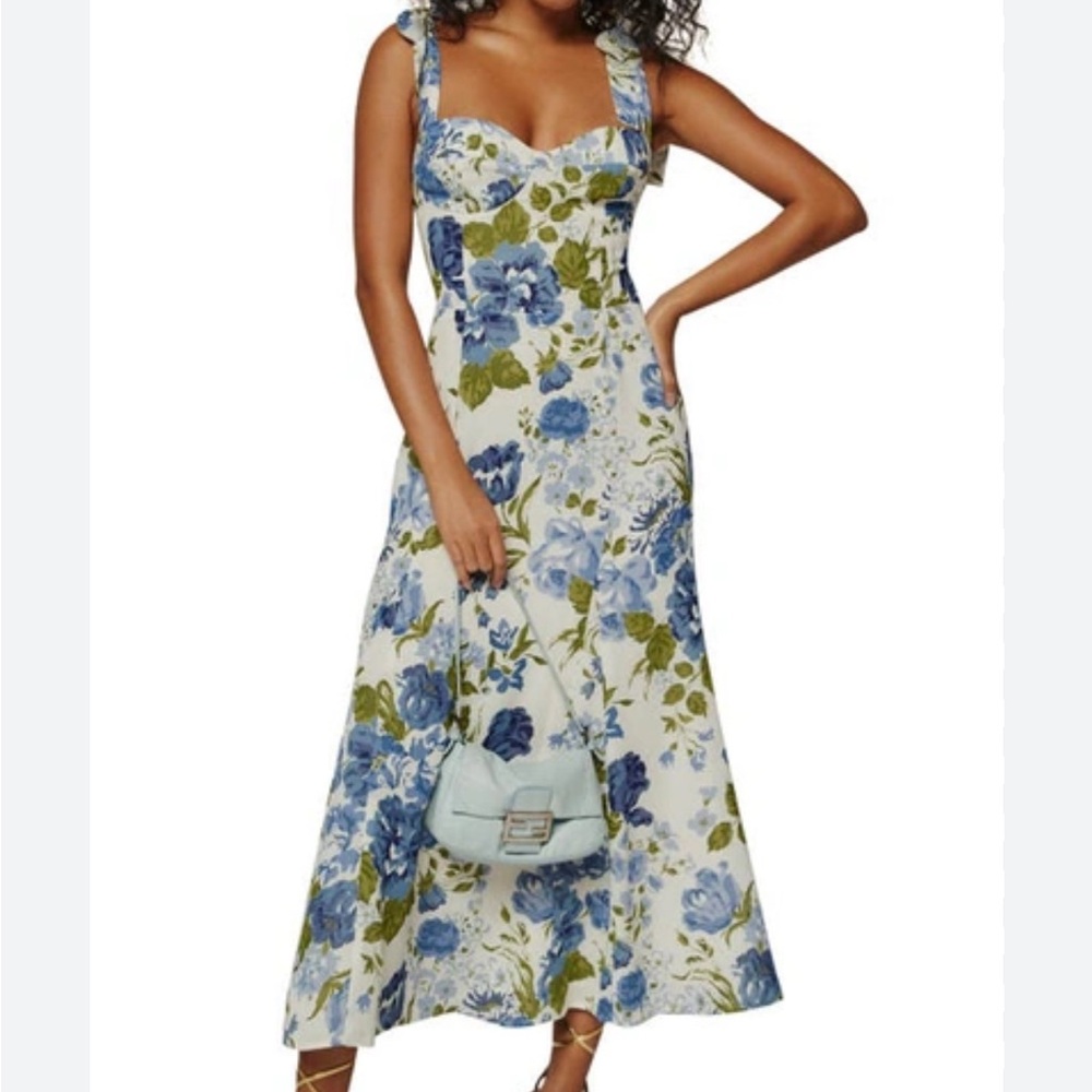 Reformation Cream Maxi Dress with Blue & Green Floral Print